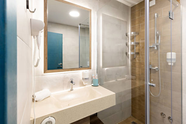 istock Interior of a hotel bathroom with a shower cabin 1392278497