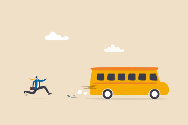 ilustrações de stock, clip art, desenhos animados e ícones de left behind, exclusion or forgotten employee, failure or mistake to come late and miss the bus, opportunity gone away concept, frustrated businessman come late running to catch the run away bus. - missed chance