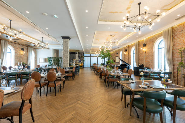 istock Interior of an empty hotel restaurant with brick wall 1392279134