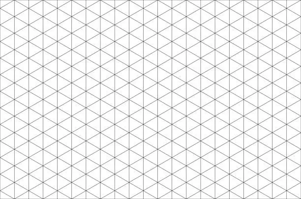 Vector illustration of Abstract isometric grid vector seamless pattern. Black and white thin line triangles texture. Monochrome geometric mosaic minimalistic background. Plotting hexagonal, triangular ruler for drafting.