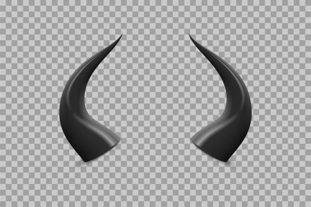 3d black devil horns of devilish scary monster from hell, realistic infernal demon head 3d black devil horns of devilish scary monster from hell vector illustration. Realistic infernal demon head for Halloween carnival, fantasy party, mobile chat app isolated on transparent background devils horn stock illustrations