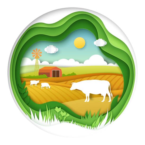 ilustraciones, imágenes clip art, dibujos animados e iconos de stock de granja con producción de leche vectorial de arte de papel de vaca - animal husbandry illustrations