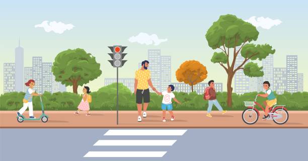 ilustrações, clipart, desenhos animados e ícones de crianças em cena de rua faixa de pedestres vetoriais na estrada - stop action