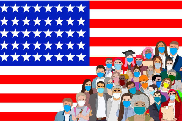 istock Happy Fourth of July. American Independence Day greeting banner with a diverse group of people with the American flag on the background. illustration in a flat style. 1392280905