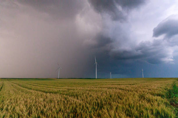 istock Wind turbines on agricultural field under the dramatic sky 1392281069