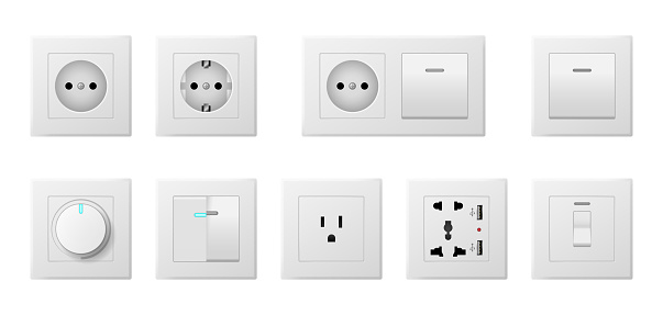 Wall switch. Realistic plug collection. Single and panel power electrical socket, light switch and cable inlet different type. Modern electric wall outlet isolated. Vector illustration