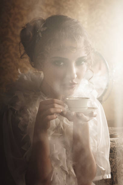 istock Retro woman with steaming coffee 1392284862