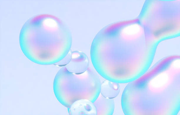 resumo 3d art background. bolhas líquidas flutuantes holográficas, bolhas de sabão, metaballs. - iridescente - fotografias e filmes do acervo