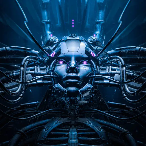 3D illustration of metallic science fiction female artificial intelligence inside futuristic computer core