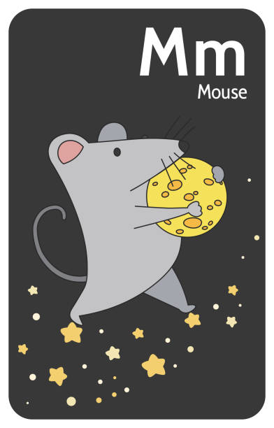 마우스 m 문자. 2d로 귀여운 만화 동물과 함께 a-z 알파벳 컬렉션. 마우스는 은하수에 옆으로 가서 달 모양의 치즈를 운반합니다. 손으로 그린 재미있는 간단한 스타일. - milky cheese stock illustrations