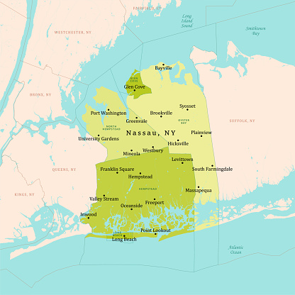 NY Nassau Vector Map Green. All source data is in the public domain. U.S. Census Bureau Census Tiger. Used Layers: areawater, linearwater, cousub, pointlm.