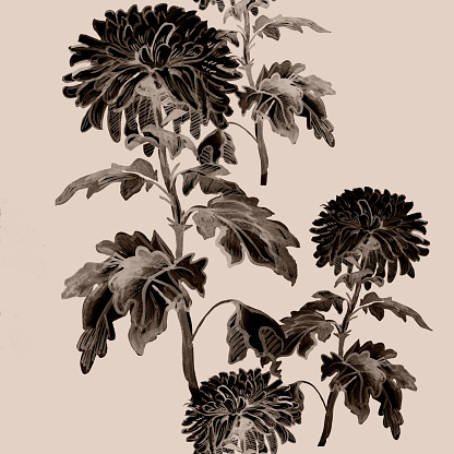 Ink monochrome floral seamless pattern with brown silhouettes of chrysanthemum flowers, stems and leaves isolated on beige background. Wallpaper, bedding, textile, fabric, package.