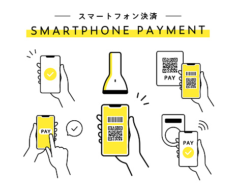 Set of illustrations of smart phone payments.
Japanese translation is available in the illustration.
It is related to cashless payment and contactless payment.
There are human hands, QR codes and barcodes.