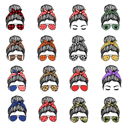 Big set of Messy Bun. Women with aviator glasses, bandana. Messy Bun Mom Lifestyle. Vector illustration. Isolated on white background. Good for posters, t shirts, postcards.