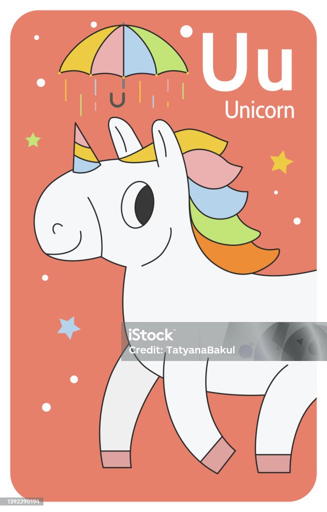 Unicorn U Letter Az Alphabet Collection With Cute Cartoon Animals In 2d  Unicorn Jogging Under Umbrella White Unicorn With A Multicolored Mane  Looking At The Camera Handdrawn Funny Simple Style Stock Illustration -