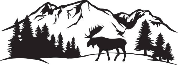 ilustraciones, imágenes clip art, dibujos animados e iconos de stock de alce en montañas vector blanco y negro - landscape canada mountain rock