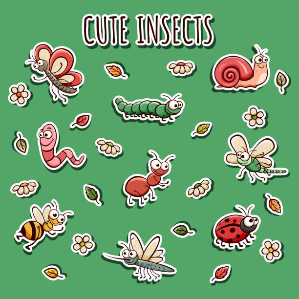 낙서 스케치 스타일의 귀여운 곤충 세트를 손으로 그린 스티커. - ant worm vector animal themes stock illustrations