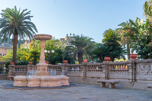 view of the fountain located in piazza Matteotti, in front of the town hall in Sestri Levante, Genoa, Italy