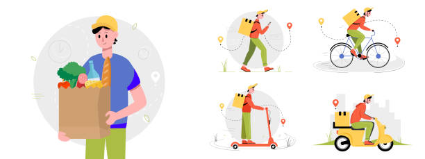istock Food delivery vector illustration set. The concept of fast and free delivery. Vector illustration in cartoon style. 1392293833