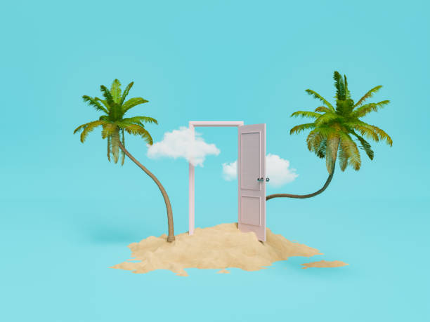 istock Palms with door against blue sky 1392295510