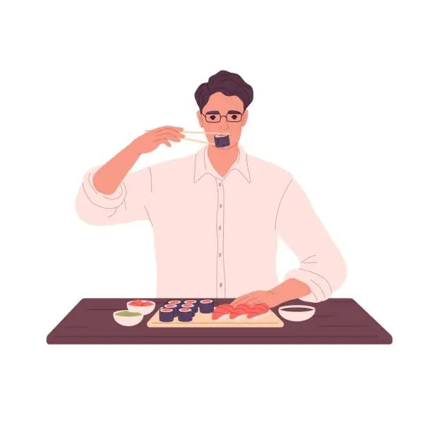 Vector illustration of Man eating sushi set, Asian food. Person having lunch, meal with Japanese chopsticks, sitting at dining table with nigiri, rolls, sauces on board. Flat vector illustration isolated on white background