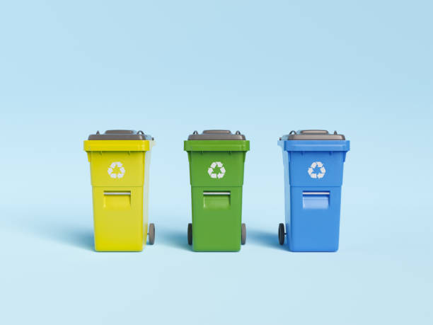 Bins for various recyclable garbage 3D illustration of colorful recycling bins for various types of litter placed in row against blue background bin stock pictures, royalty-free photos & images
