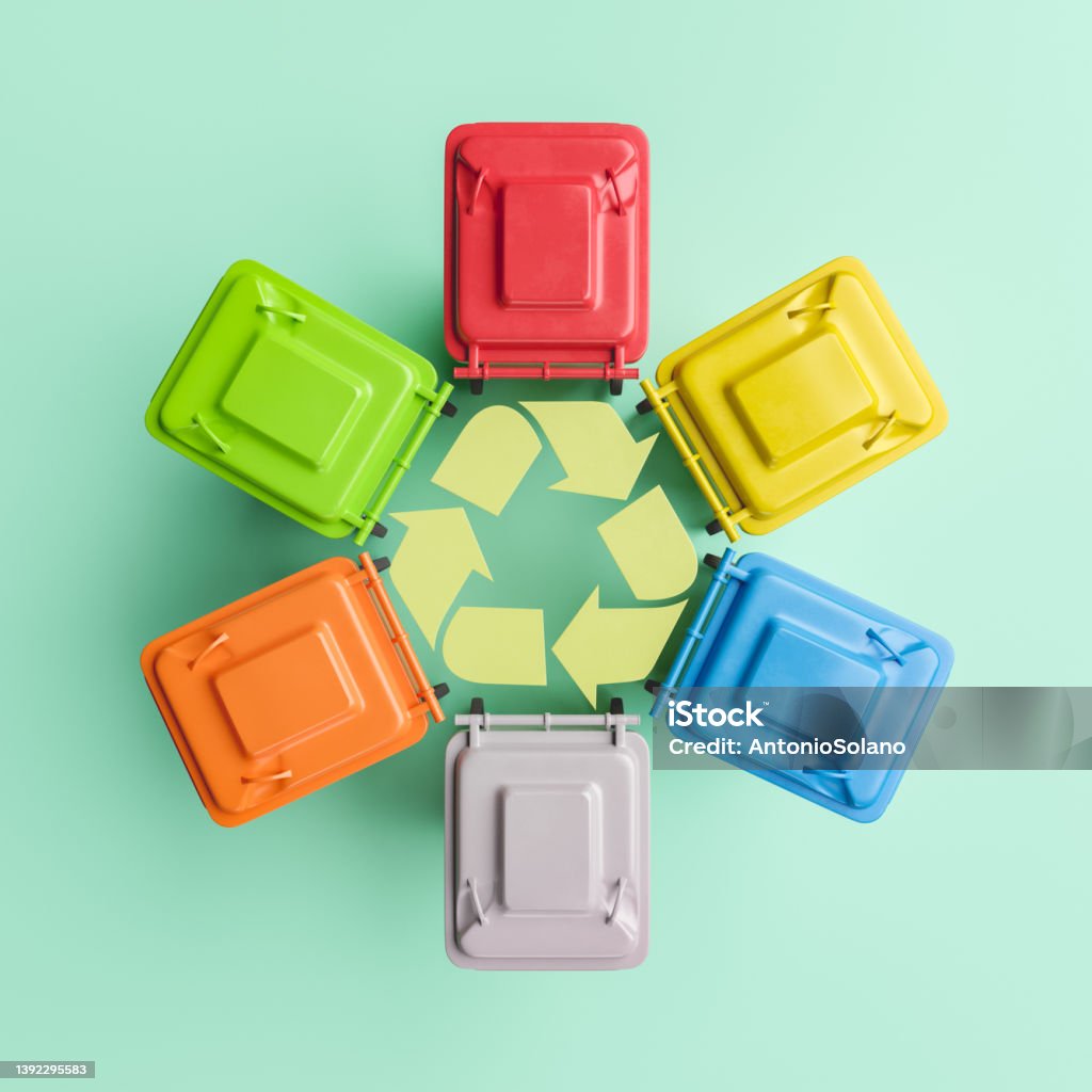 Circle from colorful recycling bins Top view 3D illustration of many colorful bins arranged in circle around recycle symbol on mint background Garbage Dump Stock Photo