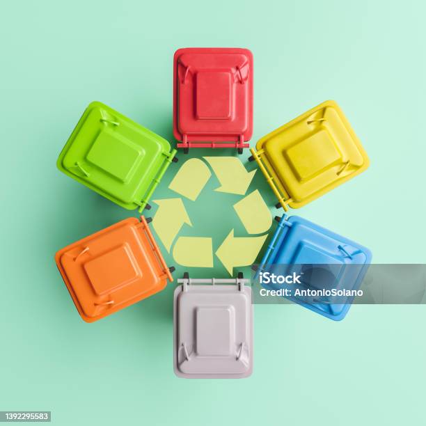 Circle From Colorful Recycling Bins Stock Photo - Download Image Now - Garbage Dump, Garbage Bin, Industrial Garbage Bin
