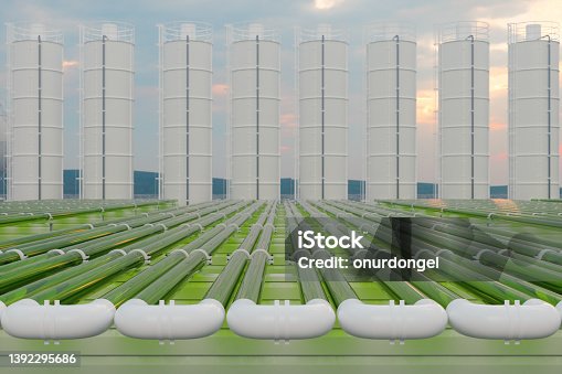 istock Tubular Algae Bioreactors Fixing CO2 To Produce Biofuel As An Alternative Fuel With Storage Tanks And Blue Sky Background 1392295686