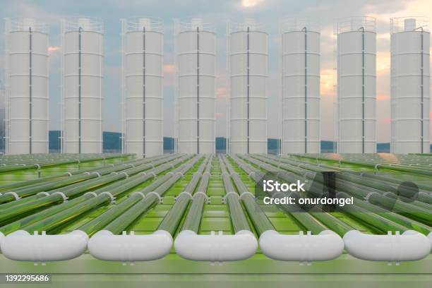 Tubular Algae Bioreactors Fixing Co2 To Produce Biofuel As An Alternative Fuel With Storage Tanks And Blue Sky Background Stock Photo - Download Image Now
