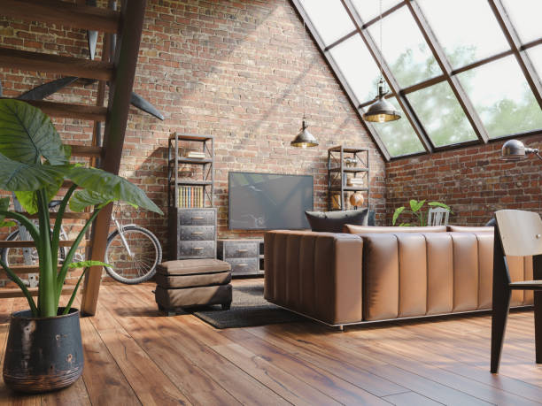 istock Industrial Style Loft Apartment with indoor balcony, 3d render 1392295968