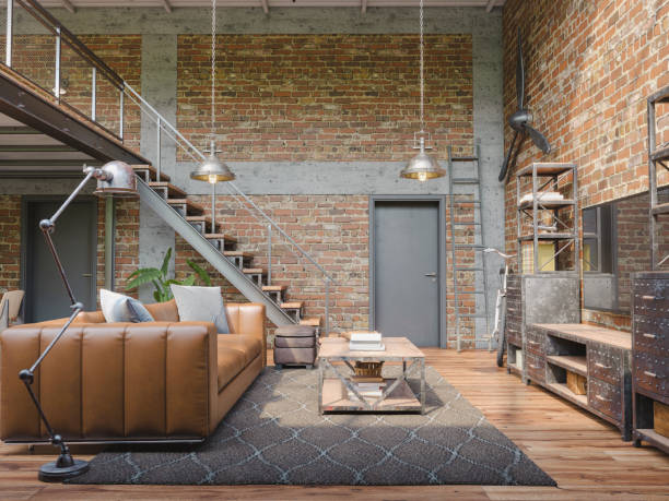 istock Industrial Style Loft Apartment with indoor balcony, 3d render 1392295983