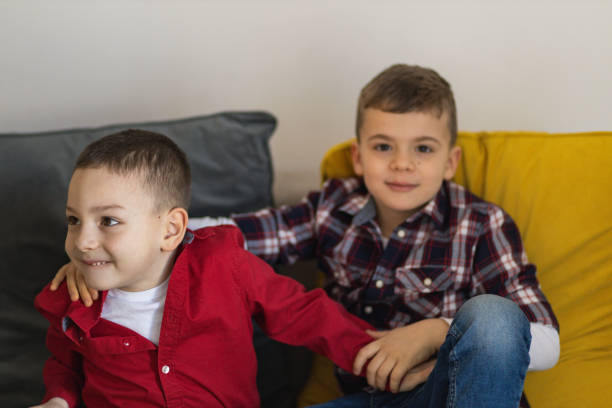 Brothers enjoying at home. Boys hugging. Little boys playing at home. Cute boys spending time together. Two kids lying at couch. Two cute brothers hugging. Two cute little boys goofing around at home.
