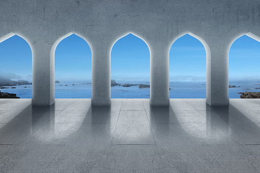 Mosque door with ocean view background