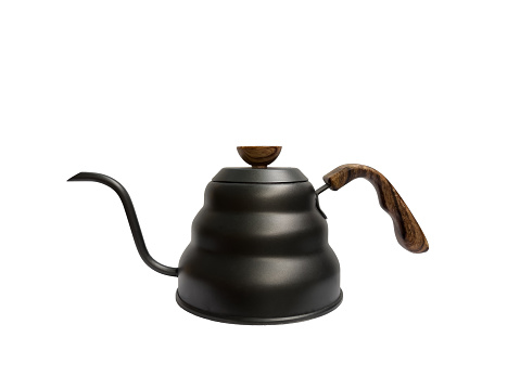 Black Kettle. Kettle for coffee drip, long lip tip, black Classic wooden handle