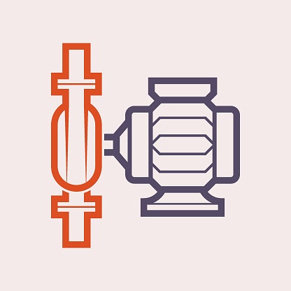 Water pump vector icon design with centrifugal horizontal shaft type. Industrial machine of infrastructure consist of electric motor, centrifugal pump and steel pipe. For control, distribution and supply water, oil and gas in pipeline system. For sewage, treatment, plumbing and agriculture.