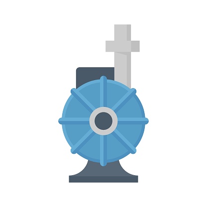 Water pump vector icon design with centrifugal horizontal shaft type. Industrial machine of infrastructure include steel pipe for control, distribution and supply water, oil and gas in pipeline system. For sewage, treatment, plumbing and agriculture.