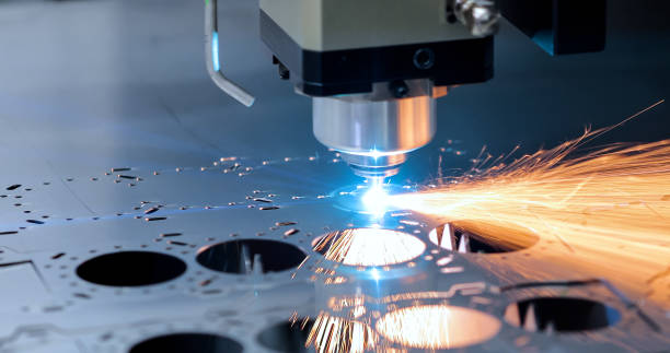 Cnc milling machine. Processing and laser cutting for metal in the industrial. Motion blur. Industrial exhibition of machine tools. stock photo