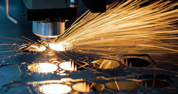 Cnc milling machine. Processing and laser cutting for metal in the industrial. Motion blur. Industrial exhibition of machine tools. stock photo