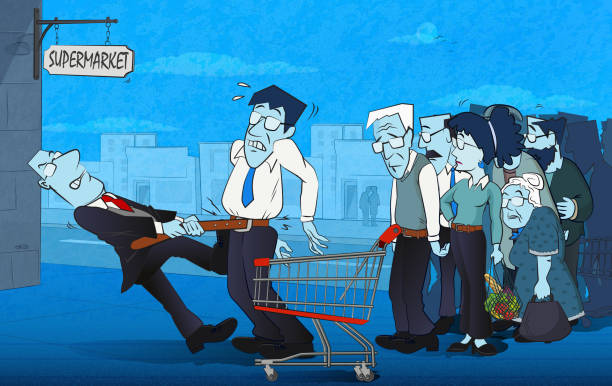 Economic Crisis and Austerity Policy Austerity policy concept caricature. Customers waiting for their belts to be tightened in front of the supermarket. (Used clipping mask) budget cuts stock illustrations