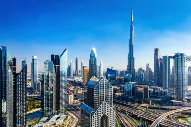 Burj Khalifa in Dubai downtown business skyscrapers highrise architecture. stock photo