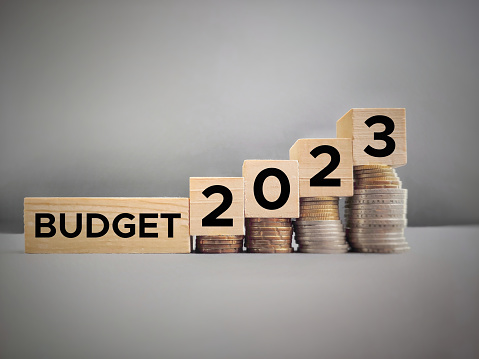 Finance and Economy Concept. Budget 2023 text on wooden blocks in vintage background