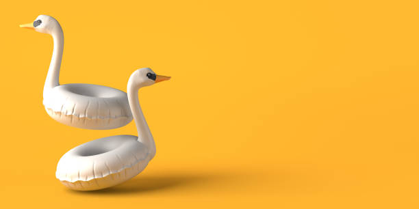 Swan float. Inflatable beach or pool toy. Copy space. 3D illustration.