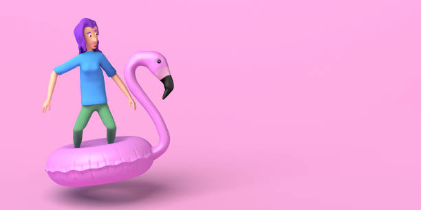 istock Young woman floating on flamingo float. Summer concept. Copy space. 3D illustration. 1392305415