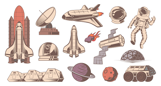 Mars exploration. Universe adventure space astronaut suit and helmet rocket shuttle exact vector pictures stylized. Shuttle and astronaut in space illustration
