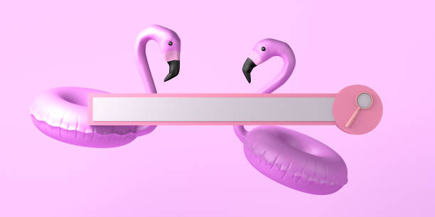 istock Web search box with flamingo floats. Summer vacation booking. Copy space. 3D Illustration. 1392305520