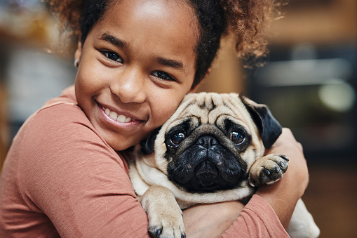 Happy African American girl embracing her pug at home and looking at camera.