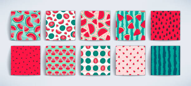 ilustrações de stock, clip art, desenhos animados e ícones de vector watermelons hand drawn seamless patterns set. cute summer fresh fruits print. watermelon red slices, half sliced and whole watermelons repeat textures collection for fabric design, background - watermelon melon fruit juice