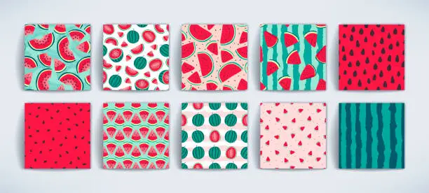 Vector illustration of Vector watermelons hand drawn seamless patterns set. Cute summer fresh fruits print. Watermelon red slices, half sliced and whole watermelons repeat textures collection for fabric design, background