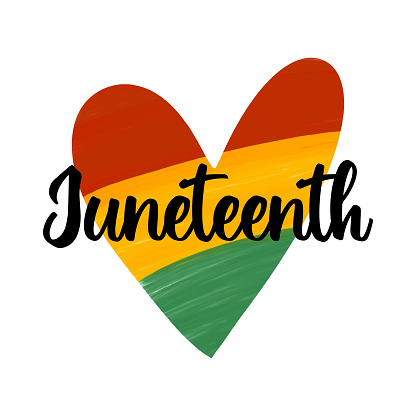 Hand drawn with brush artistic grunge textured heart in colors of Pan African flag - red, yellow, green. Cute Juneteenth greeting card design